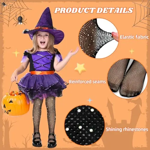 QIZHIQIAMY Collant Halloween Bambina, 2 PCS Calze a Rete Bambina, Calze a Rete con Strass Bambin, Calzamaglia Bambin miniatura 3