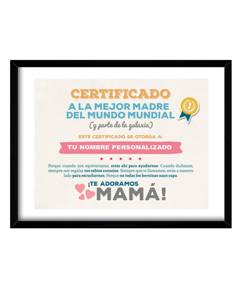 Quadro con cornice orizzontale certificato alla migliore mamma del mondo, nome personalizzato - festa della mamma