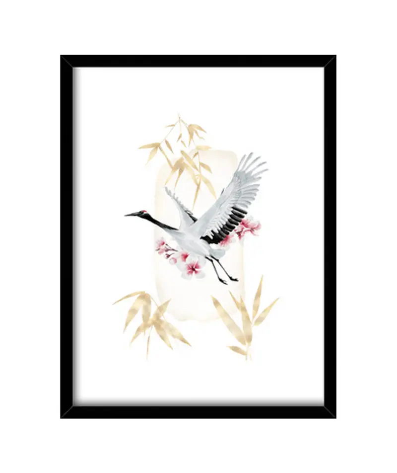 Quadro con cornice verticale gru di bambù d39oro e gru giapponese