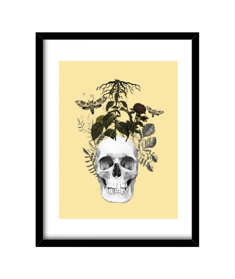 Quadro con cornice verticale teschio con fiori e piante