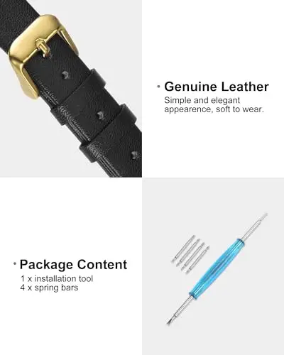 QUARKZMAN Cinturino in Vero Pelle Nero 14mm di Larghezza, Cinturino Orologio Piatto Sottile Elegante in Pelle con miniatura 3