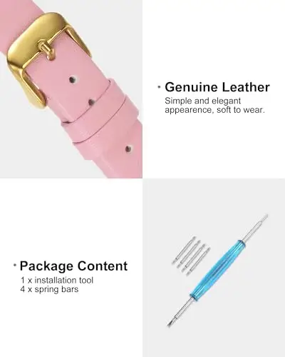QUARKZMAN Cinturino in Vero Pelle Rosa 16mm di Larghezza, Cinturino Orologio Piatto Sottile Elegante in Pelle con miniatura 3