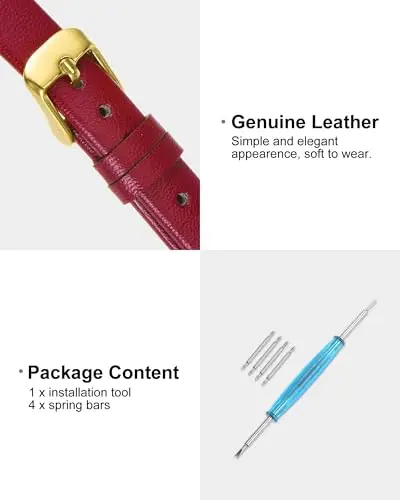 QUARKZMAN Cinturino in Vero Pelle Rosso 16mm di Larghezza, Cinturino Orologio Piatto Sottile Elegante in Pelle con miniatura 3