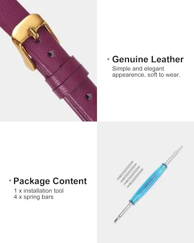 QUARKZMAN Cinturino in Vero Pelle Viola 12mm di Larghezza, Cinturino Orologio Piatto Sottile Elegante in Pelle con miniatura 3