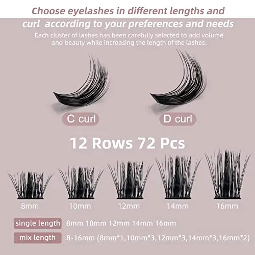 QUEWEL Cils individuels Cils individuels en grappe C Curl 12 mm Segments de cils Fond de teint large Cils individuels miniatura 3