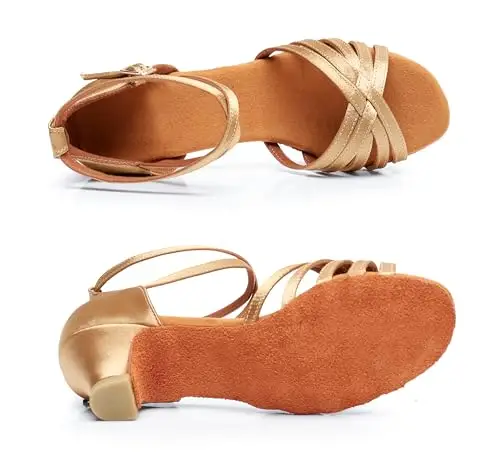 QUNUNOIRE-Scarpa da Ballo, Scarpe da Ballo Latino Morbide e Comode per Bambina con Tacco 4cm Beige 33 EU miniatura 2