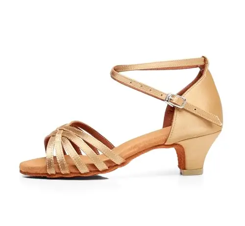 QUNUNOIRE-Scarpa da Ballo, Scarpe da Ballo Latino Morbide e Comode per Bambina con Tacco 4cm Beige 35 EU