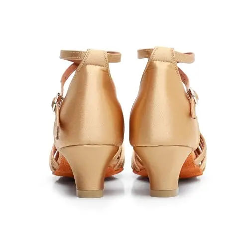 QUNUNOIRE-Scarpa da Ballo, Scarpe da Ballo Latino Morbide e Comode per Bambina con Tacco 4cm Beige 36 EU miniatura 3