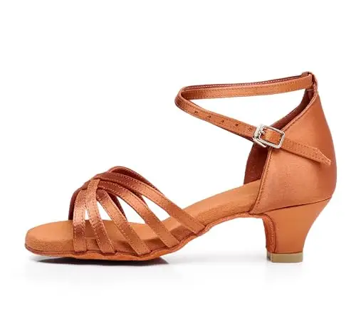 QUNUNOIRE-Scarpa da Ballo, Scarpe da Ballo Latino Morbide e Comode per Bambina con Tacco 4cm Marrone 33 EU