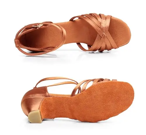 QUNUNOIRE-Scarpa da Ballo, Scarpe da Ballo Latino Morbide e Comode per Bambina con Tacco 4cm Marrone 33 EU miniatura 2
