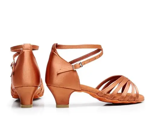 QUNUNOIRE-Scarpa da Ballo, Scarpe da Ballo Latino Morbide e Comode per Bambina con Tacco 4cm Marrone 36 EU miniatura 3