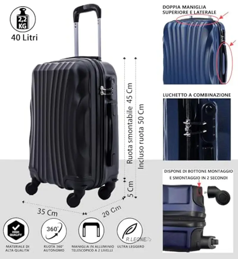 R.Leone 50x35x20 ruota smontabile 45x36x20 cm EasyJet Valigia Trolley Bagaglio a mano in ABS 4 Ruote Rimovibili 20374 (50x35x20 ruota smontato 45x36x20 cm, Nero) miniatura 2