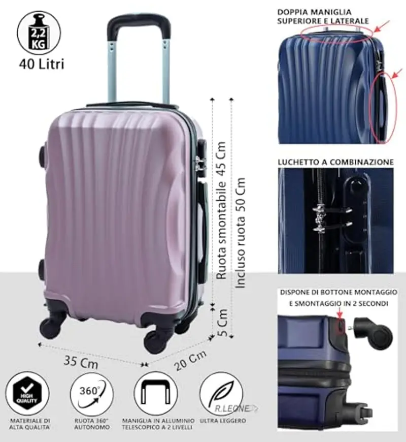 R.Leone 50x35x20 ruota smontabile 45x36x20 cm EasyJet Valigia Trolley Bagaglio a mano in ABS 4 Ruote Rimovibili 20374 (50x35x20 ruota smontato 45x36x20 cm, Rose Gold) miniatura 2