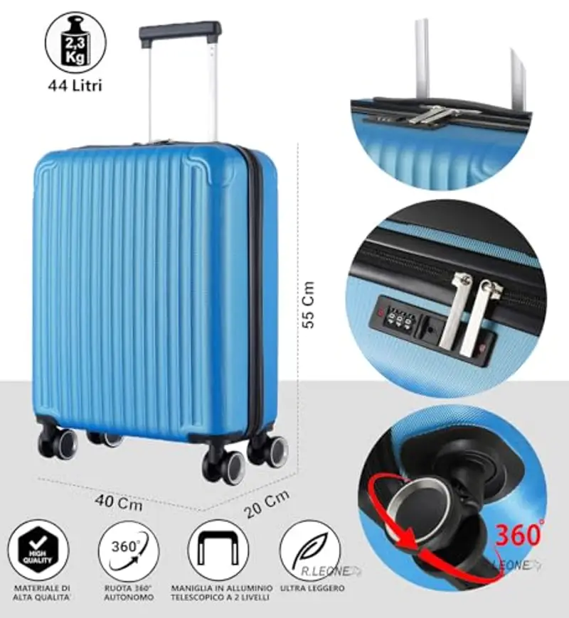 R.Leone Ryanair 55x40x20 cm Valigia Trolley Bagaglio a mano 4 Ruote in ABS Autonomo 999 (Lilla, Valigia 55x40x20 cm) miniatura 2