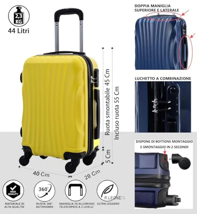 R.Leone Ryanair 55x40x20cm Valigia Trolley Bagaglio a mano Rigido Ultraleggero in ABS 4 Ruote smontabile Rimovibili miniatura 2