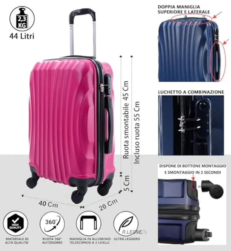 R.Leone Ryanair 55x40x20cm Valigia Trolley Bagaglio a mano Rigido Ultraleggero in ABS 4 Ruote smontabile Rimovibili Autonome 20373N (Valigia 55X40X20cm, Fucsia) miniatura 2