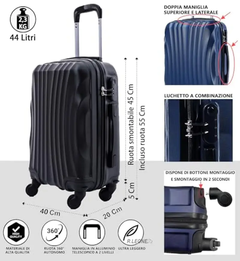 R.Leone Ryanair 55x40x20cm Valigia Trolley Bagaglio a mano Rigido Ultraleggero in ABS 4 Ruote smontabile Rimovibili Autonome 20373N (Valigia 55X40X20cm, Nero) miniatura 2