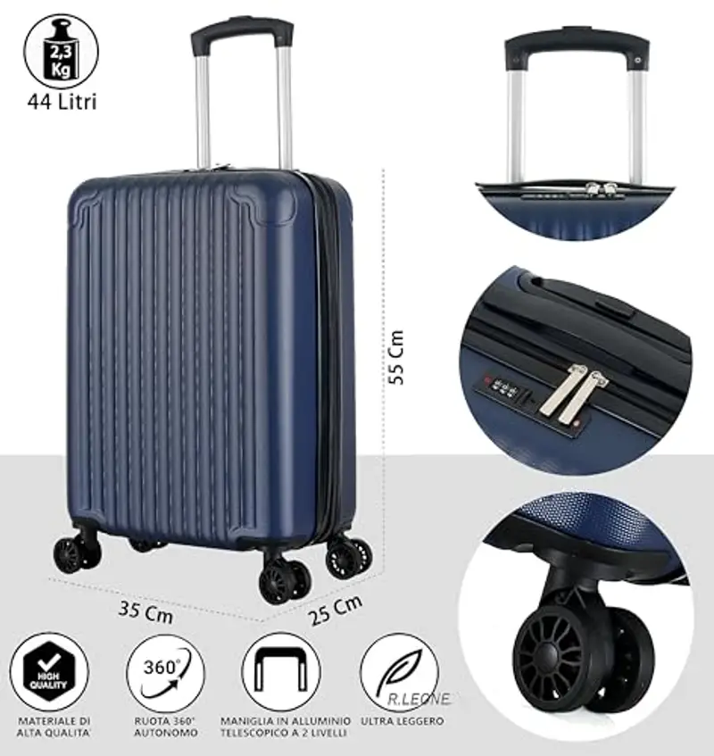 R.Leone Valigia 55x35x25 cm Trolley Bagaglio a mano 4 Ruote in ABS Air Asia, Air France, ita airways e KLM 318 (Rosa Anguria, Valigia 55x35x25 cm) miniatura 3