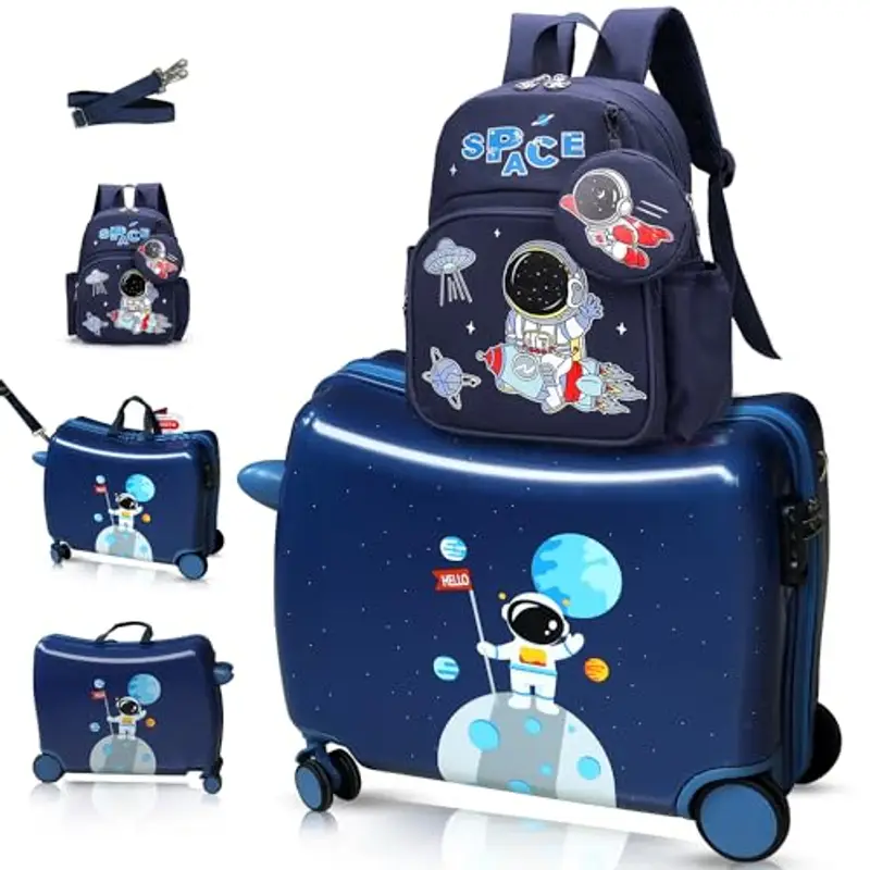 R.Leone Valigia Cavalcabile per Bambina EasyJet 45x36x20 cm + 30x23x14 cm Set 2 Pezzi Trolley Bagaglio a mano 4 Ruote e Zaino 325 (Astronauta, Valigia 45x36x20cm+Zaino)
