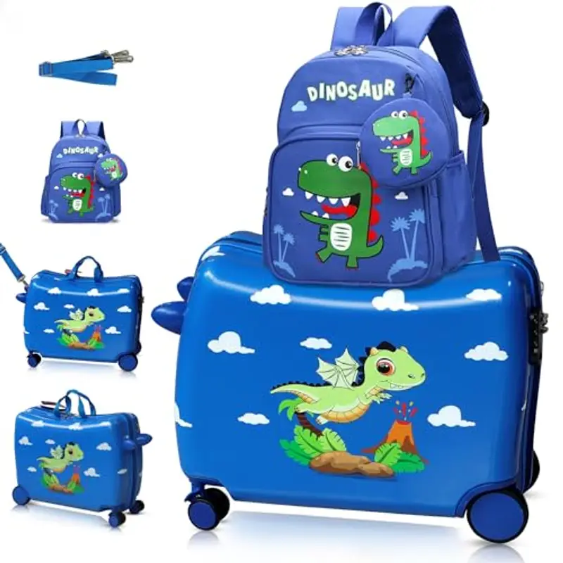 R.Leone Valigia Cavalcabile per Bambina EasyJet 45x36x20 cm + 30x23x14 cm Set 2 Pezzi Trolley Bagaglio a mano 4 Ruote e Zaino 325 (Dinosauro, Valigia 45x36x20cm+Zaino)
