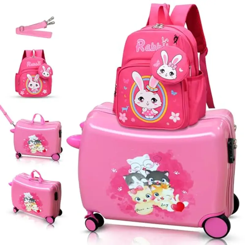 R.Leone Valigia Cavalcabile per Bambina EasyJet 45x36x20 cm + 30x23x14 cm Set 2 Pezzi Trolley Bagaglio a mano 4 Ruote e Zaino 325 (Gatto Coniglio, Valigia 45x36x20cm+Zaino)