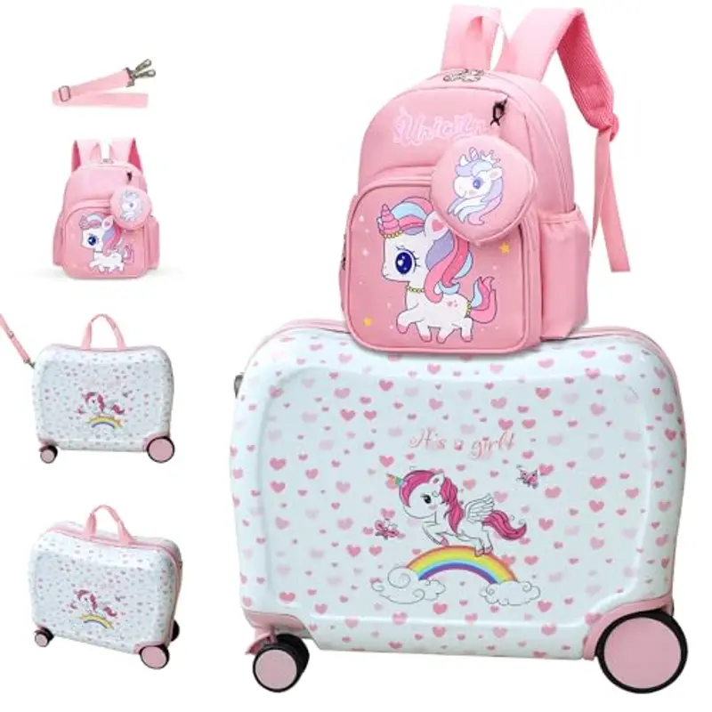 R.Leone Valigia Cavalcabile per Bambina EasyJet 45x36x20 cm + 30x23x14 cm Set 2 Pezzi Trolley Bagaglio a mano 4 Ruote e Zaino 325 (Unicorno, Valigia 45x36x20cm+Zaino)