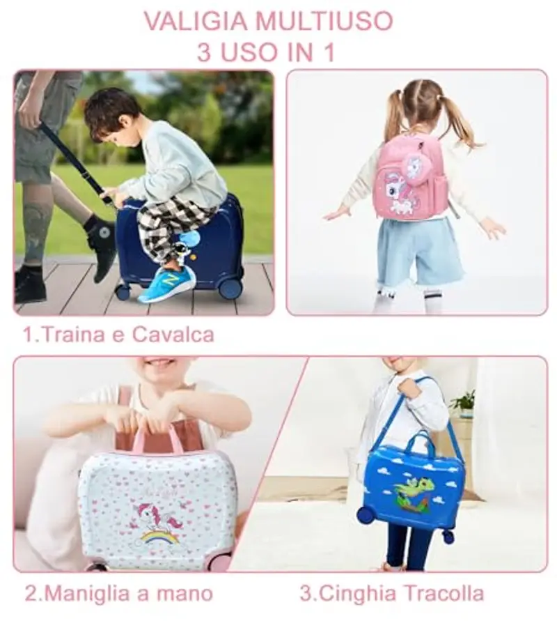 R.Leone Valigia Cavalcabile per Bambina EasyJet 45x36x20 cm + 30x23x14 cm Set 2 Pezzi Trolley Bagaglio a mano 4 Ruote e Zaino 325 (Unicorno, Valigia 45x36x20cm+Zaino) miniatura 2
