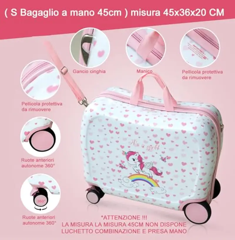 R.Leone Valigia Cavalcabile per Bambina EasyJet 45x36x20 cm + 30x23x14 cm Set 2 Pezzi Trolley Bagaglio a mano 4 Ruote e Zaino 325 (Unicorno, Valigia 45x36x20cm+Zaino) miniatura 3