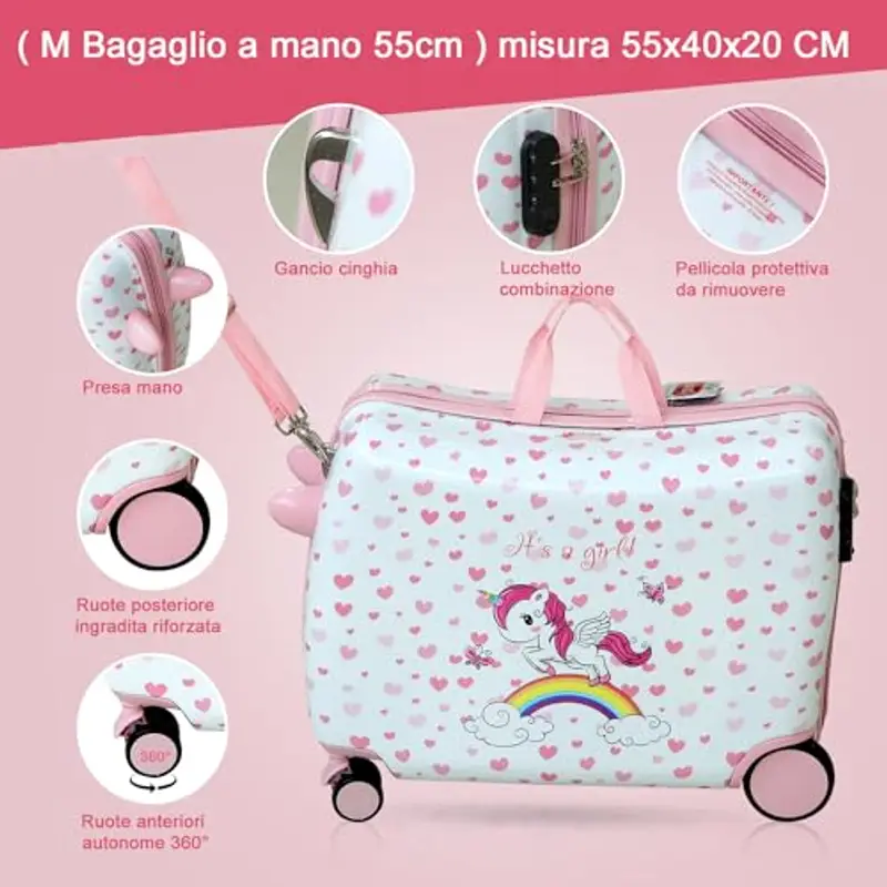 R.Leone Valigia Cavalcabile per Bambina Ryanair 55x40x20 cm + 30x23x14cm Set 2 Pezzi Trolley Bagaglio a mano 4 Ruote e Zaino 311 (Unicorno, Valigia 55x40x20cm+Zaino) miniatura 3