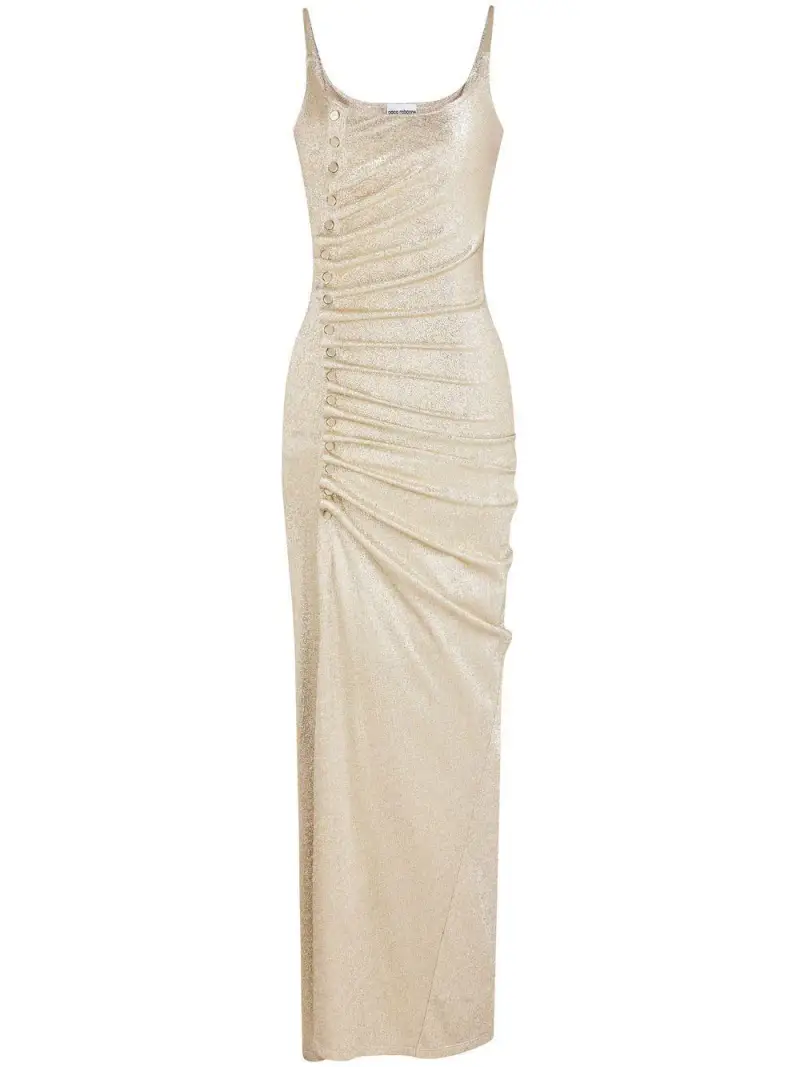 Abito lungo argento/oro drappeggiato con bottoni