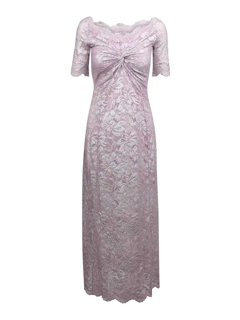 Abito Lungo In Pizzo Con Induzione Argentata Rosa