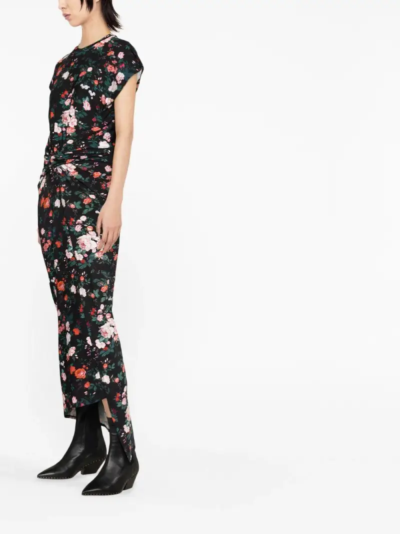 Abito midi con nodo e fantasia floreale Nero miniatura 3