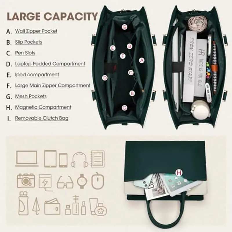 RAINSMORE Borsa Donna Borse Università Grande Borsa Lavoro Tracolla Verde + Bianco miniatura 3