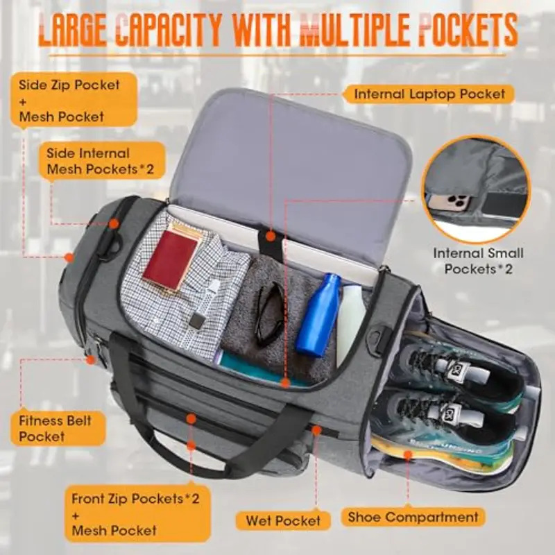 RAINSMORE Borsone Palestra Uomo Donna Borsa Palestra 40L con Scomparto Scarpe e Tasca Umida Borsa da Viaggio Piscina Sportiva Grigio miniatura 2