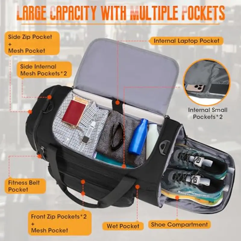 RAINSMORE Borsone Palestra Uomo Donna Borsa Palestra 40L con Scomparto Scarpe e Tasca Umida Borsa da Viaggio Piscina Sportiva Nero miniatura 2
