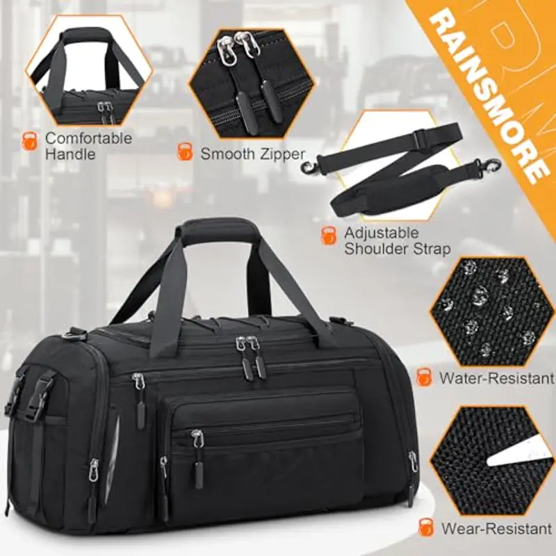 RAINSMORE Borsone Palestra Uomo Donna Borsa Palestra 40L con Scomparto Scarpe e Tasca Umida Borsa da Viaggio Piscina Sportiva Nero miniatura 3