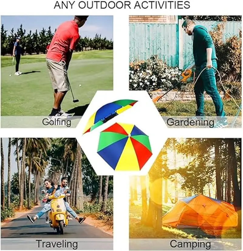 RAKUTE 5 Pezzi Cappello Ombrello, Pieghevole Cappello Ombrello Parasole con Fascia Elastica?Colorata Arcobaleno Ombrello da Testa per Pesca, Trekking, Spiaggia all'Aperto per Bambini, Donne e Uomini miniatura 3