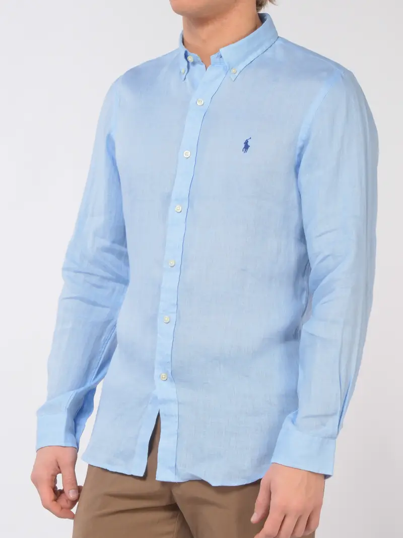 camicia da uomo Ralph Lauren in lino con logo TURCHESE