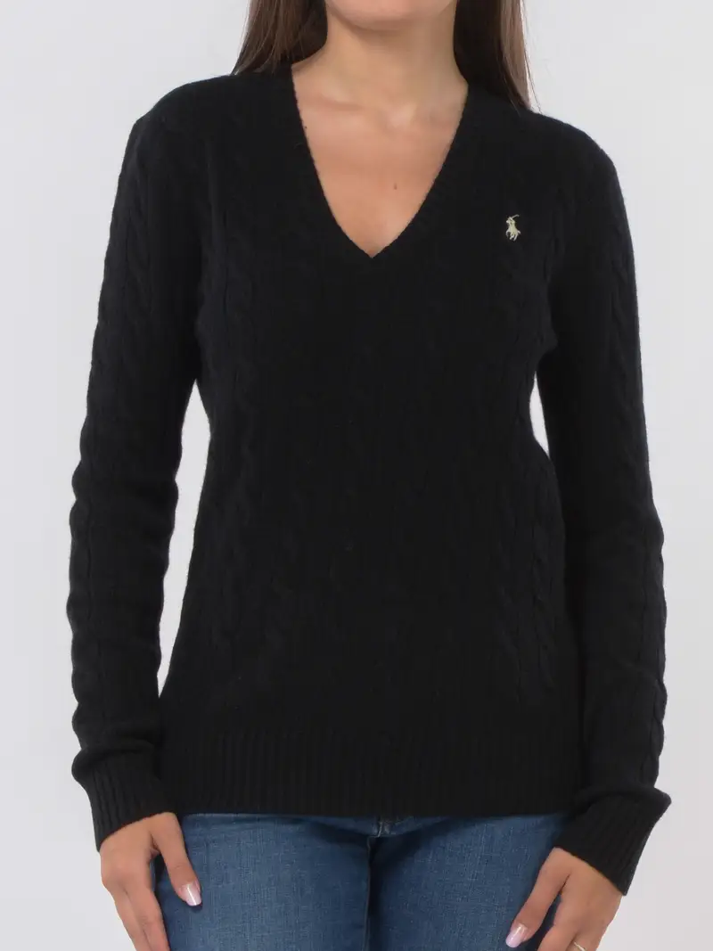 maglia da donna Ralph Lauren con scollo a V in lana e cahemire NERO