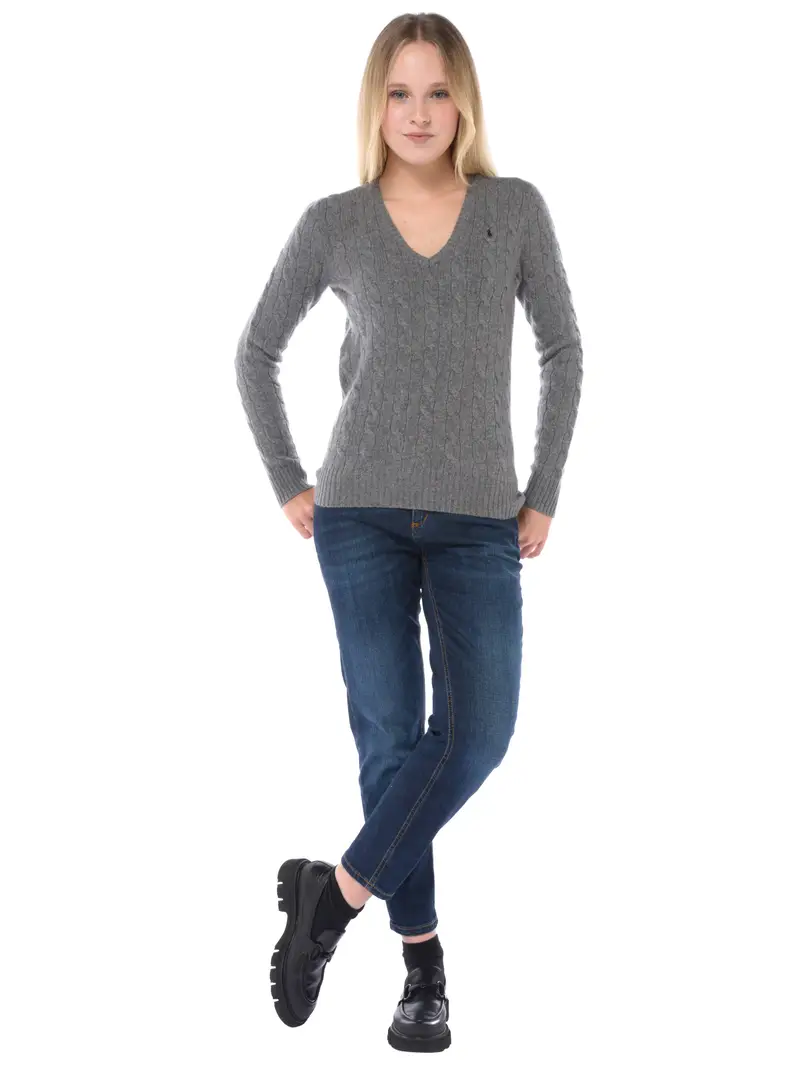 maglia da donna Ralph Lauren scollo a V a trecce Grigio miniatura 2