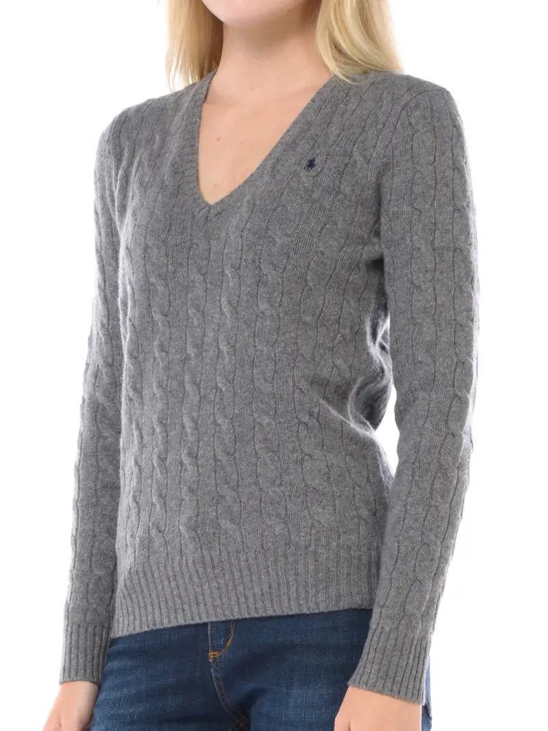 maglia da donna Ralph Lauren scollo a V a trecce Grigio