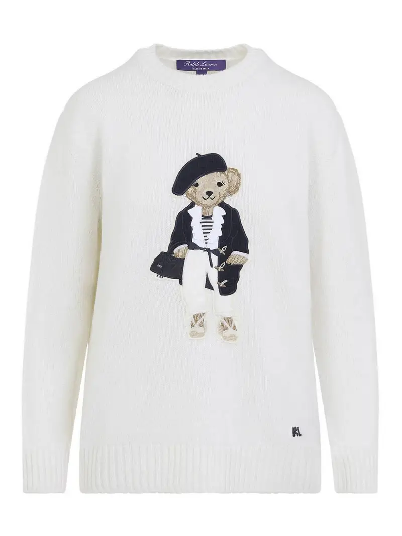 Pullover con orsetto a maniche lunghe Crema