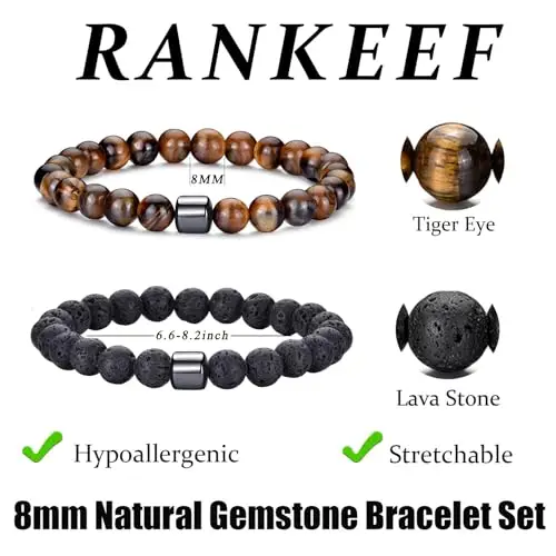 RANKEEF Set Braccialetti con Perline da Uomo in Pietra Naturale Elasticizzata con Pietra Lavica Occhio di Tigre 8 mm miniatura 3