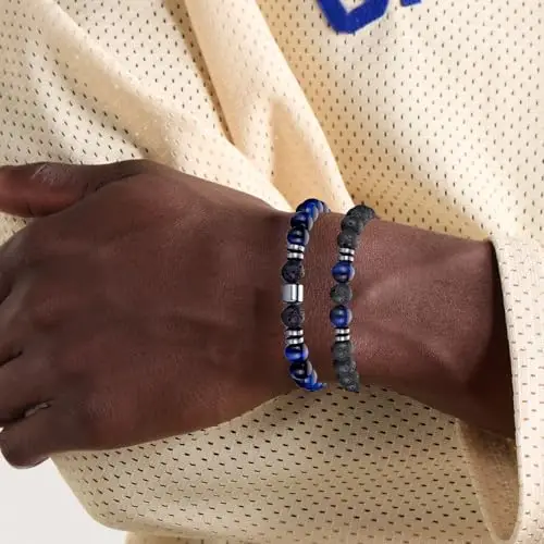 RANKEEF Set Braccialetti con Perline da Uomo in Pietra Naturale Elasticizzata con Pietra Lavica Occhio di Tigre da 8 mm miniatura 2