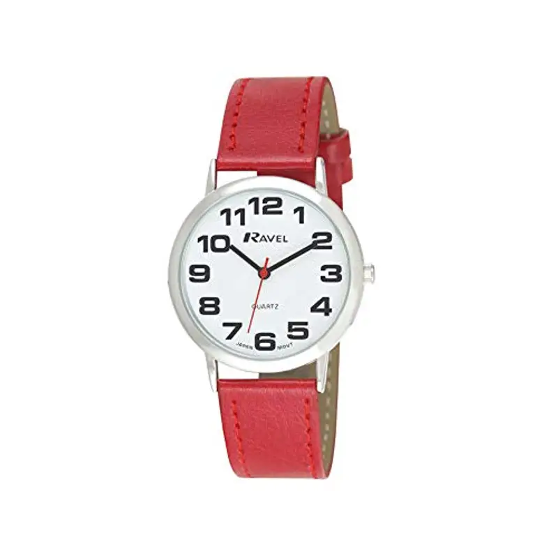 Ravel - orologio con cinturino unisex di facile lettura con grandi numeri - Quadrante bianco/argento tono/rosso