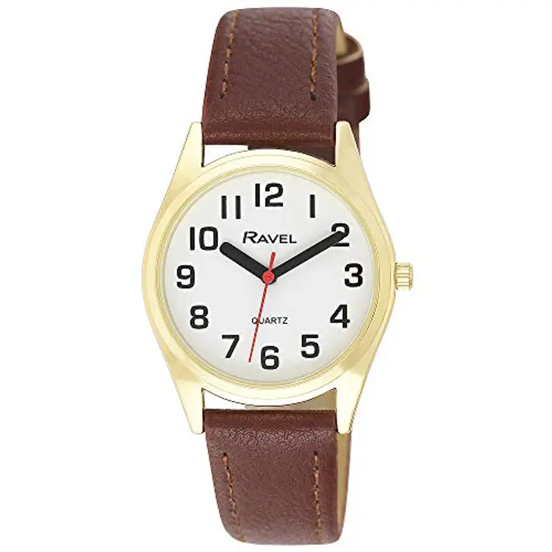 Ravel - Orologio Unisex Super Audace Cinturino di Aiuto alla vista con Grandi Numeri - Quadrante Bianco/Colore Oro/Marrone