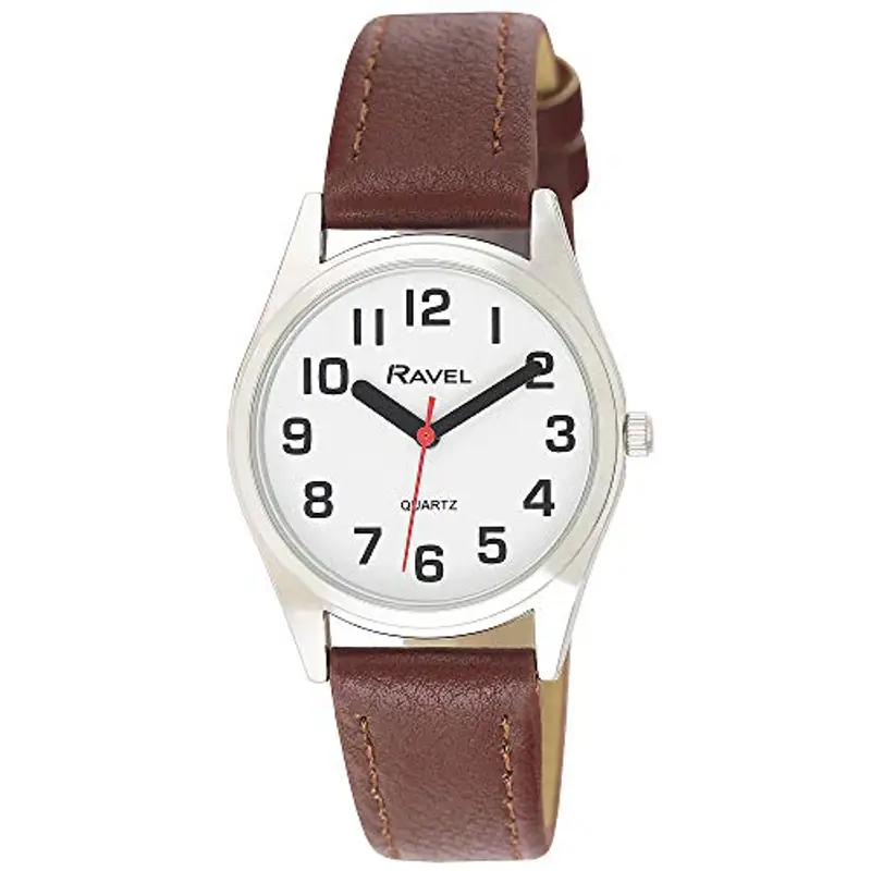 Ravel - Orologio Unisex Super Audace Cinturino di Aiuto alla vista con Grandi Numeri - Quadrante Bianco/Colore Oro/Marrone miniatura 2