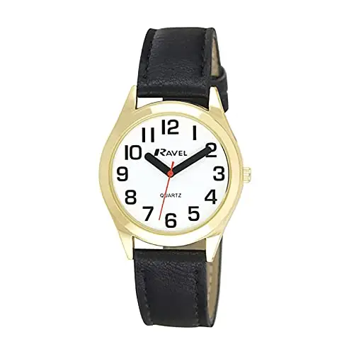 Ravel - Orologio Unisex Super Audace Cinturino di Aiuto alla vista con Grandi Numeri - Quadrante Bianco/Colore Oro/Nero