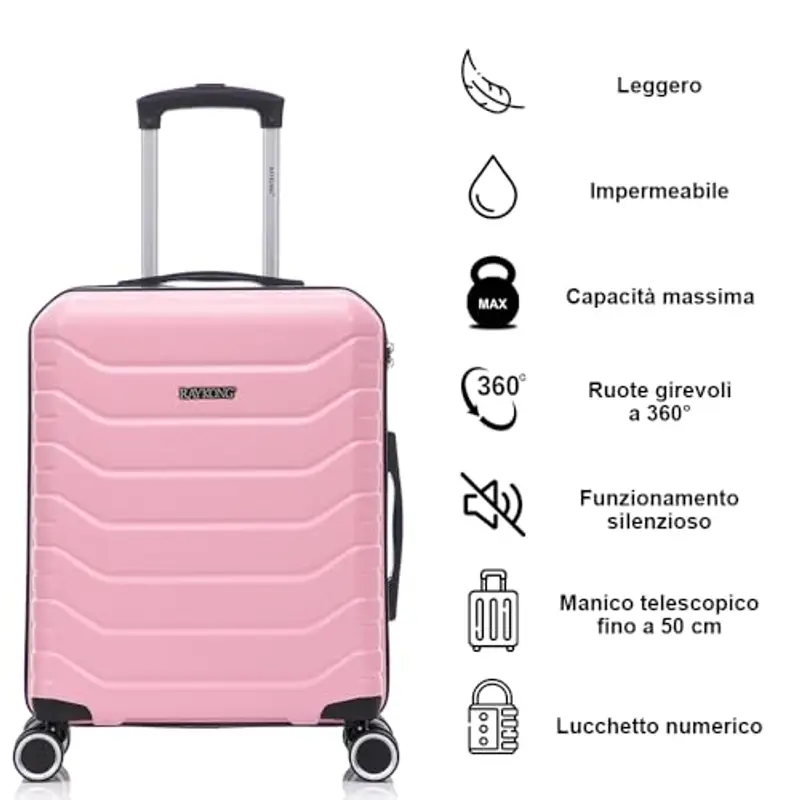 RAYKONG Valigia a mano 55x40x20cm (40L) in ABS+PC | 4 ruote girevoli a 360º | lucchetto incorporato | 20 pollici - (RK12|Rosa chiaro) miniatura 2