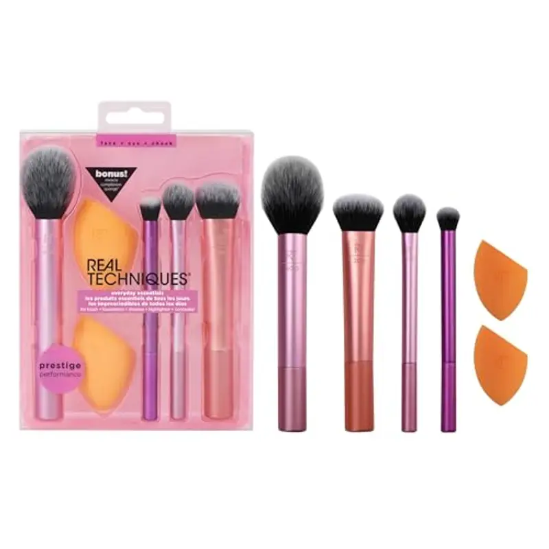 Real Techniques Kit di spugne da trucco Everyday Essentials +, 4 pennelli da trucco e 2 spugne da trucco,set da 6 pezzi